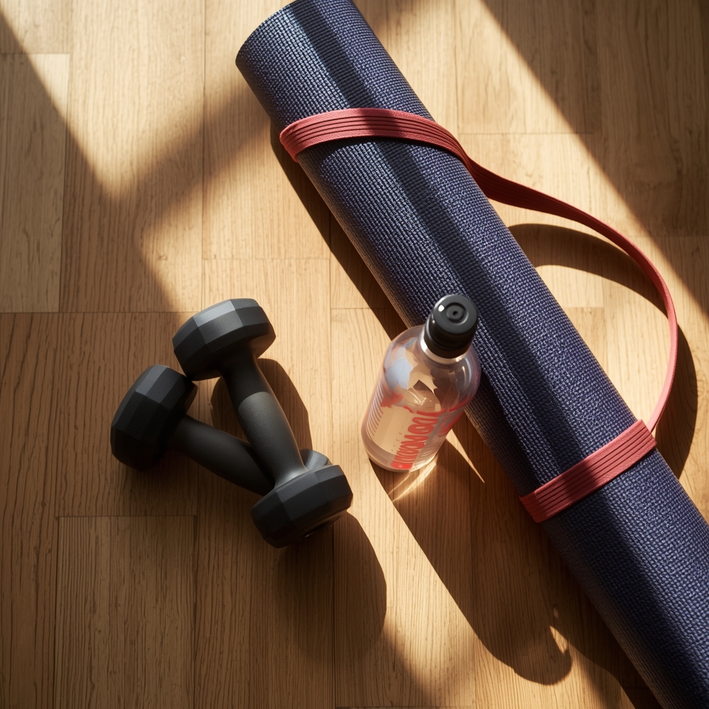 A pair of dumbbells alongside a rolled up yoga mat and a reusable water bottle set on a sunlight-dappled hardwood floor.